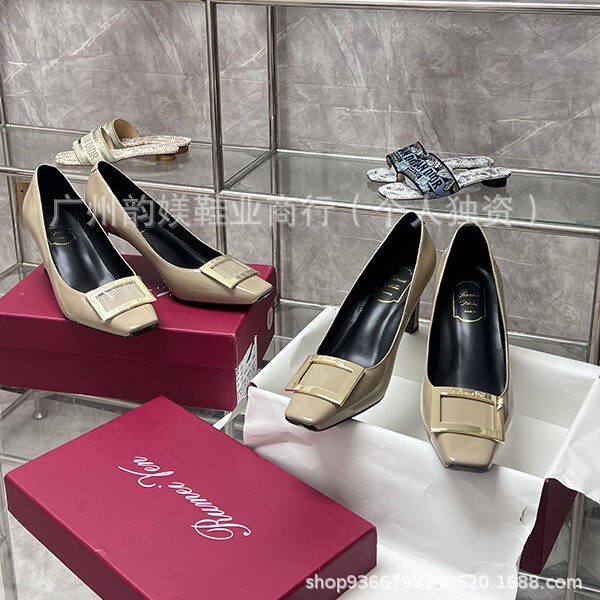 Genuine Leather, This Is Not a Cheap Product, Rv Same Style Patent Leather Arrow Square Buckle Rhinestone High Heel Wedding Shoes for Women