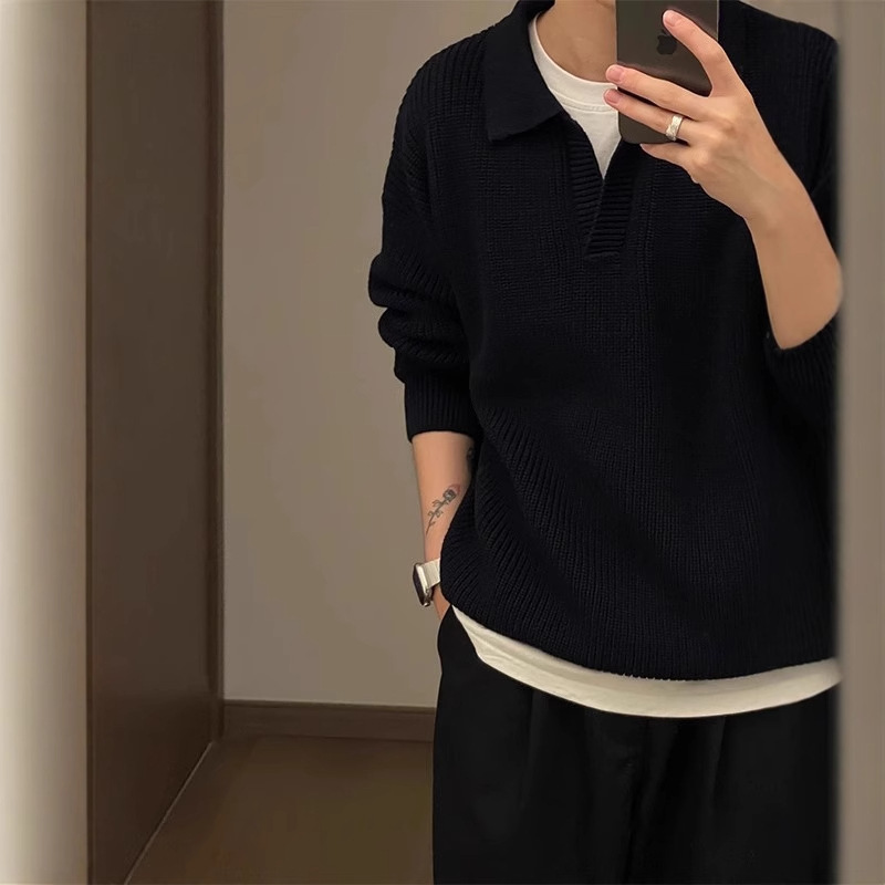 Black V-Neck Sweater Men's Autumn and Winter High-end Polo Collar Knitted Shirt Long-sleeved Korean Style Lazy Style Wear Jacket Black V-Neck Sweater Men's Autumn and Winter High-end Polo Collar Knitted Shirt Long-sleeved Korean Style Lazy Style Wear Jacket