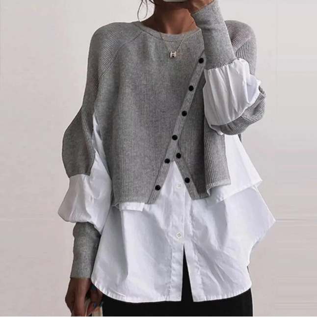 2026 Autumn/Winter New European and American Cross-Border Independent Store Round Neck Long Sleeve Knitted Stylish Patchwork Faux Two-Piece Sweater Wholesale 2026 Autumn/Winter New European and American Cross-Border Independent Store Round Neck Long Sleeve Knitted Stylish Patchwork Faux Two-Piece Sweater Wholesale