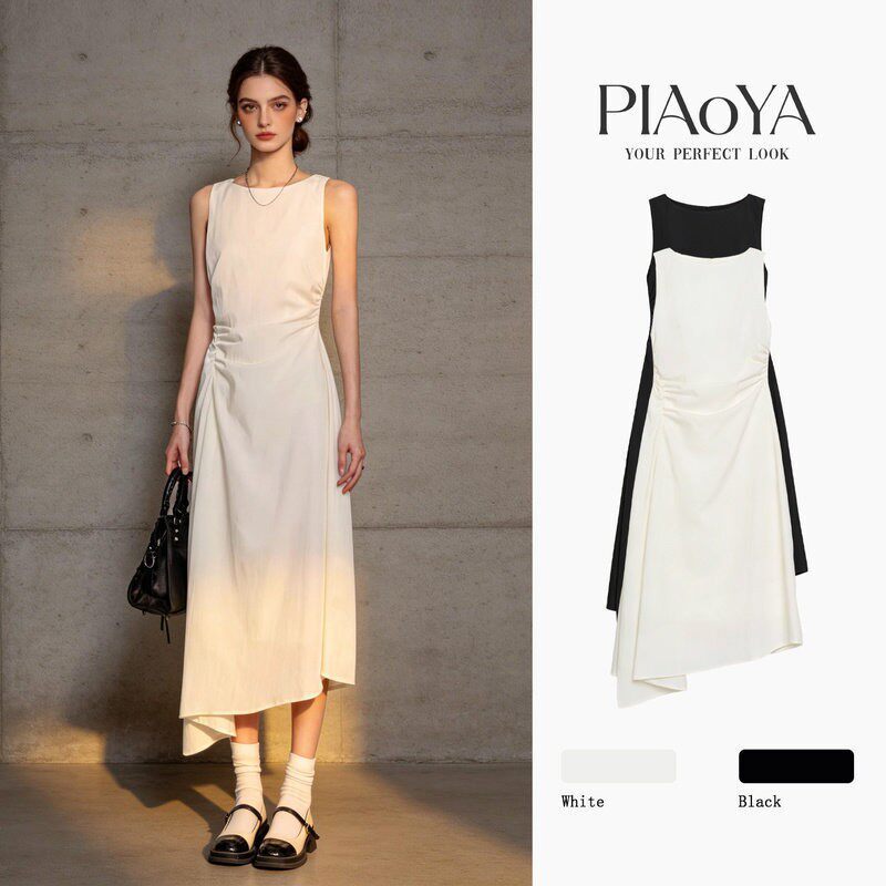 White Sleeveless Waist-Cinching Dress for Women, New Summer Style, French Style, Elegant, Irregular, Slim-Fitting Mid-Length Dress for Work