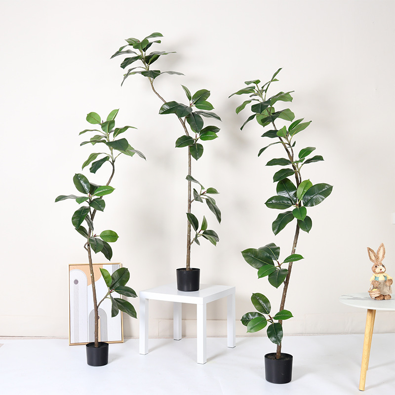 Simulación de plantas verdes, árboles de caucho de diamante negro, plantas en macetas, adornos de sala de estar de lujo ligero de alta gama, plantas falsas de banyan de hoja verde a gran escala