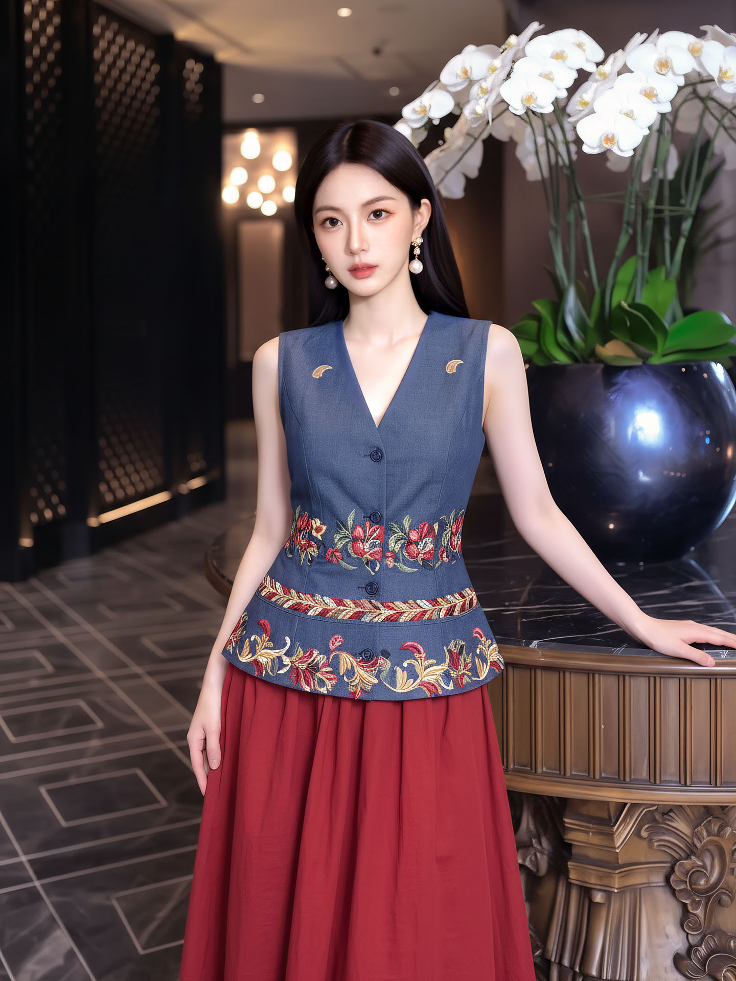 Bộ áo gile không tay và chân váy đỏ thêu hoa tân cổ điển — bộ đồ, nửa váy, Trang chủ