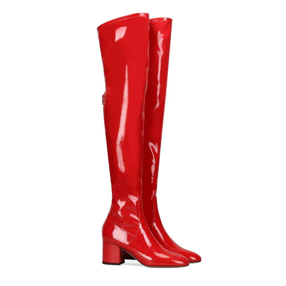 Over the knee boots Red patent leather women's plus leg boots with square heels and zippers_voghion.com