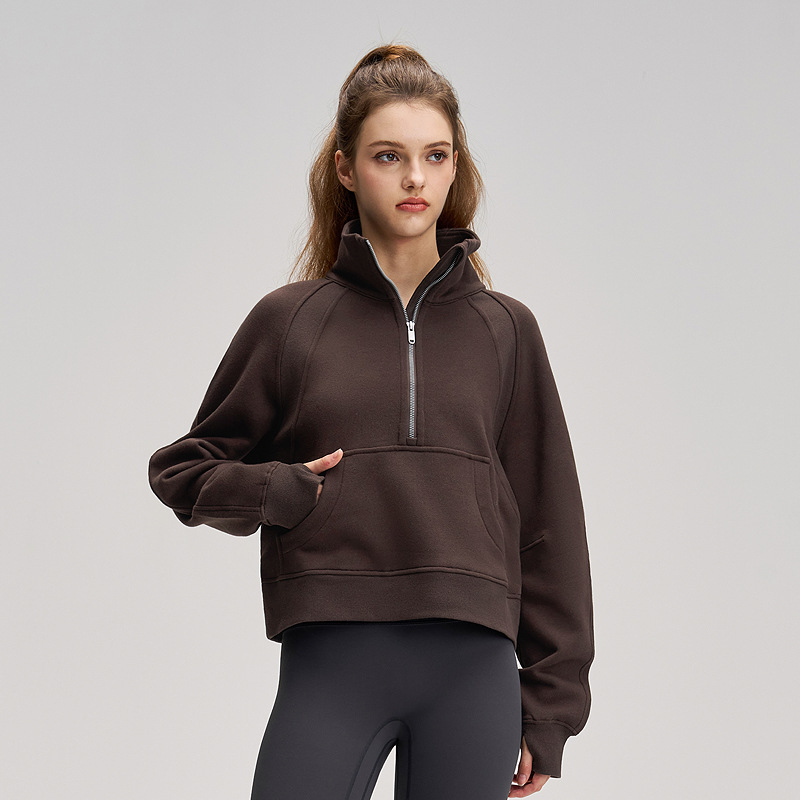 Otoño y invierno grueso chaqueta deportiva para mujeres Lulu más chaqueta de camisa de manga larga chimenea de cuello alto con medio cremallera suelta chaqueta