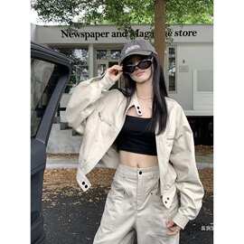 美式复古工装外套女春秋季新款薄款立领夹克宽松休闲小个子上衣