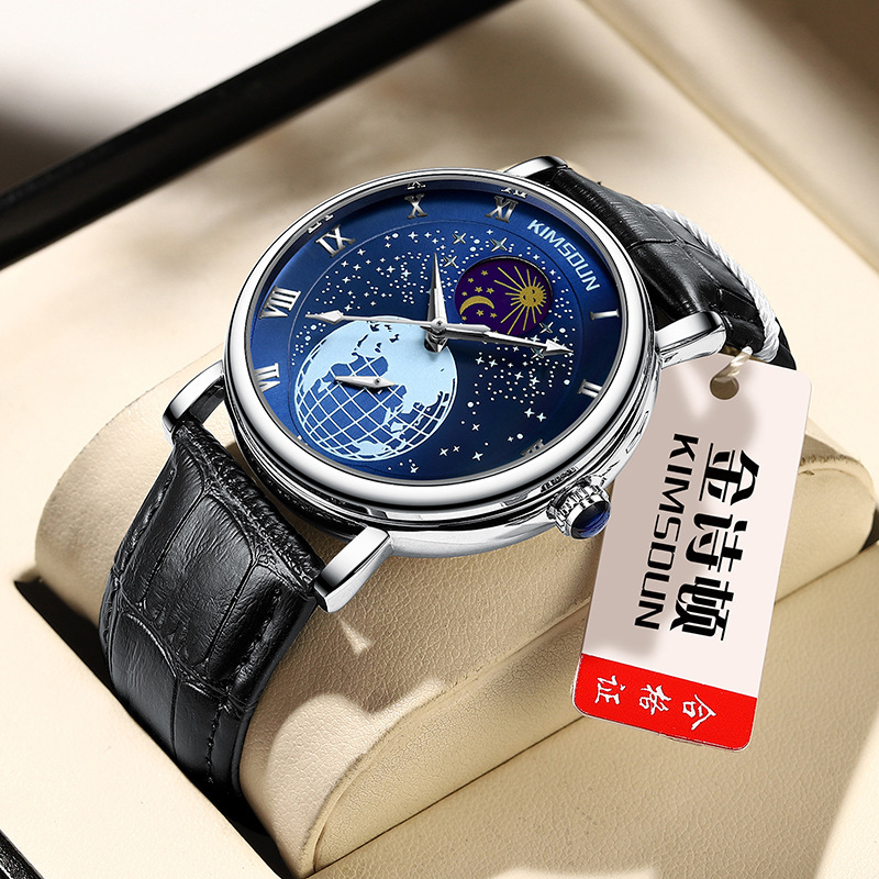 New Blue Planet Golden Seton Brand Luminous Starry Moon Phase Automatic Mechanical Watch Men's Business Waterproof