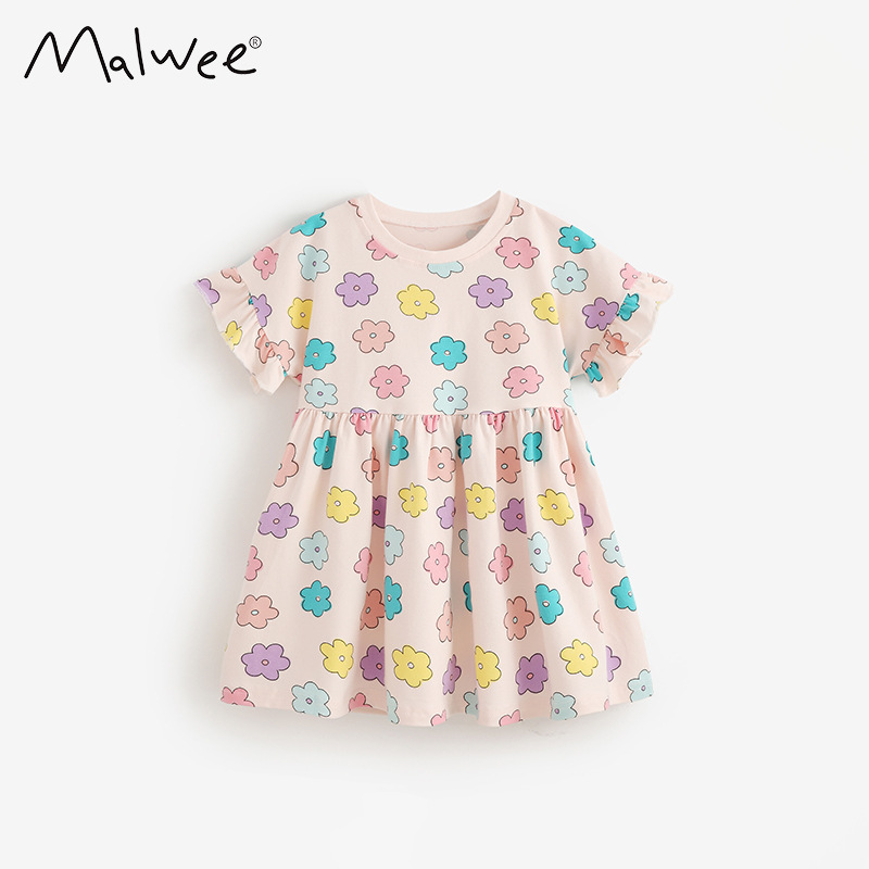 Malwee transfronterizo vestido de niña de verano nuevo estilo extranjero de niña impresión de cuello redondo de manga corta para niños europeos y estadounidenses
