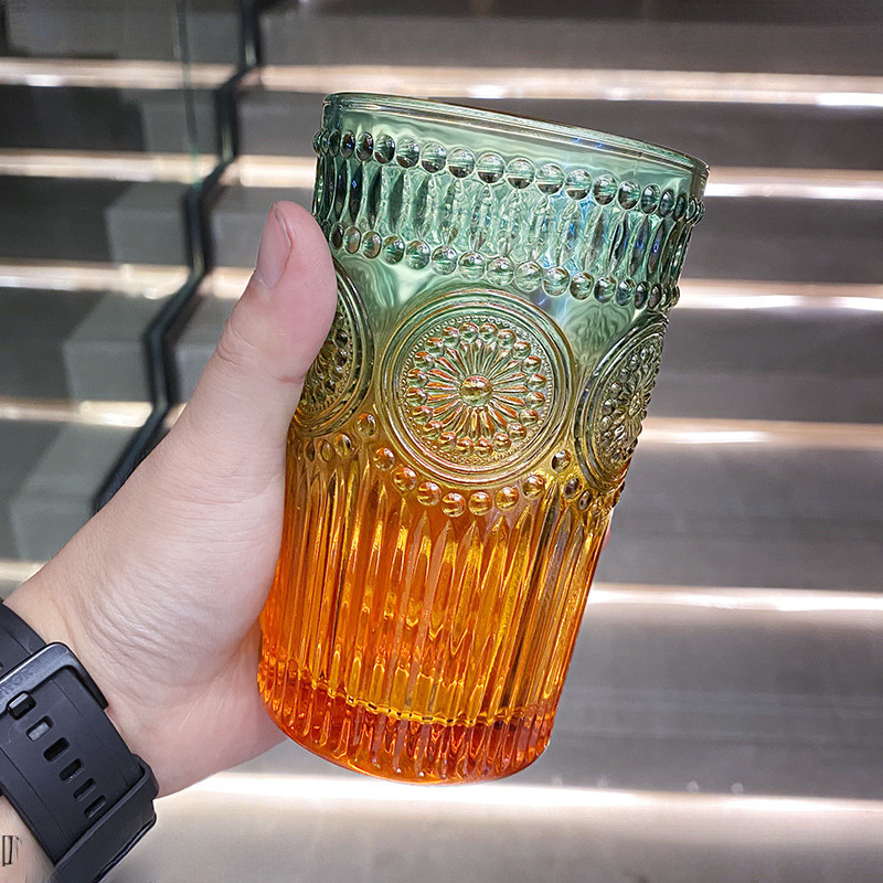 复古浮雕太阳花玻璃杯女高颜值网红ins水杯彩色家用杯子酒杯繁星