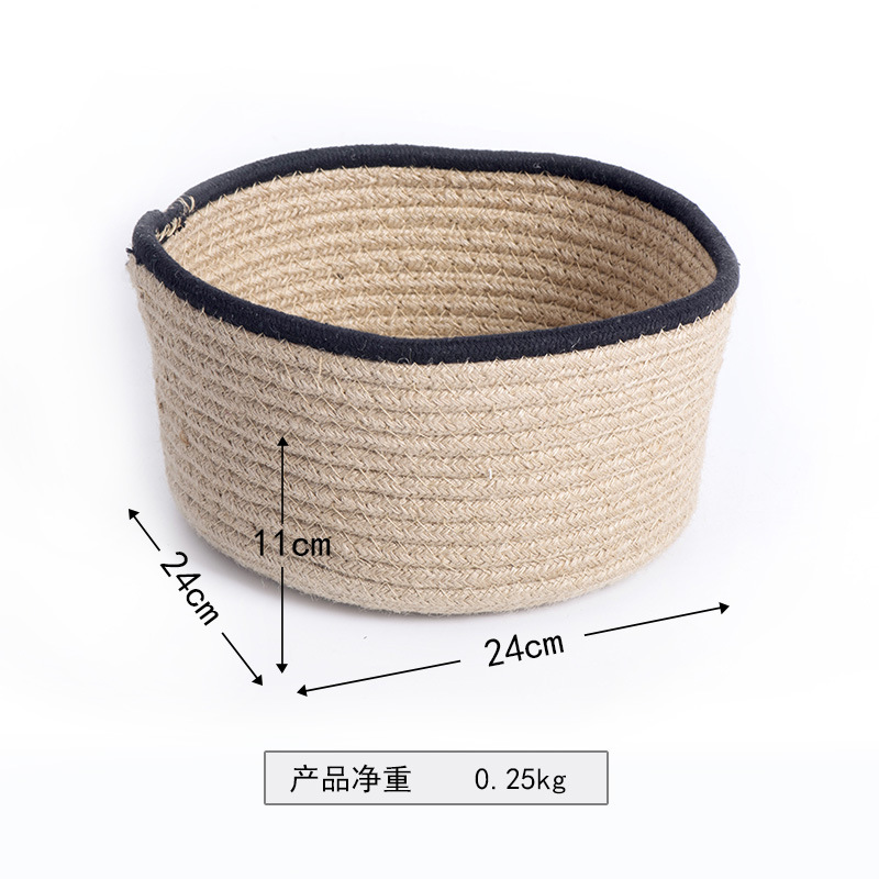 Cesta de almacenamiento redonda de cuerda de lino trenzada nórdica bocadillos cosméticos joyas de escritorio de almacenamiento de cuerda de lino cesto de acabado