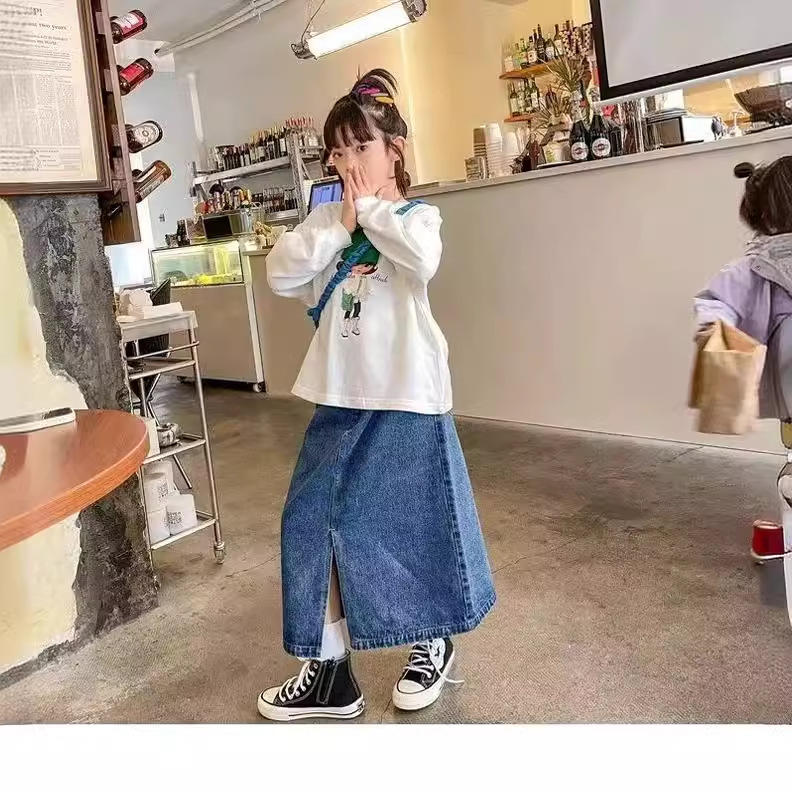 Nuevos productos de cuatro estaciones de falda infantil, falda de niña, ropa infantil, falda de vaqueros, falda larga de rodilla para niños. image 4