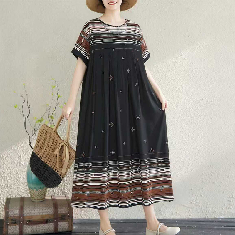 Middle-Aged and Elderly Women's Cotton Silk Dress, Summer Plus-Size Mom's Wear, Cotton Silk Nightgown, Home Wear, Artificial Cotton Dress for Outerwear