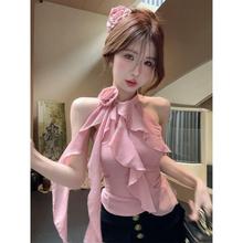 甜美挂脖花朵荷叶边无袖上衣女纯欲雪纺衫夏季设计感粉色小衫