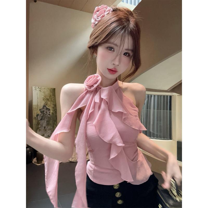 甜美挂脖花朵荷叶边无袖上衣女纯欲雪纺衫夏季设计感粉色小衫