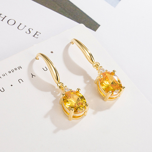 wish cross-border European and American citrine long earrings for women 18K gold oval earrings with diamonds and champagne gold jewelry