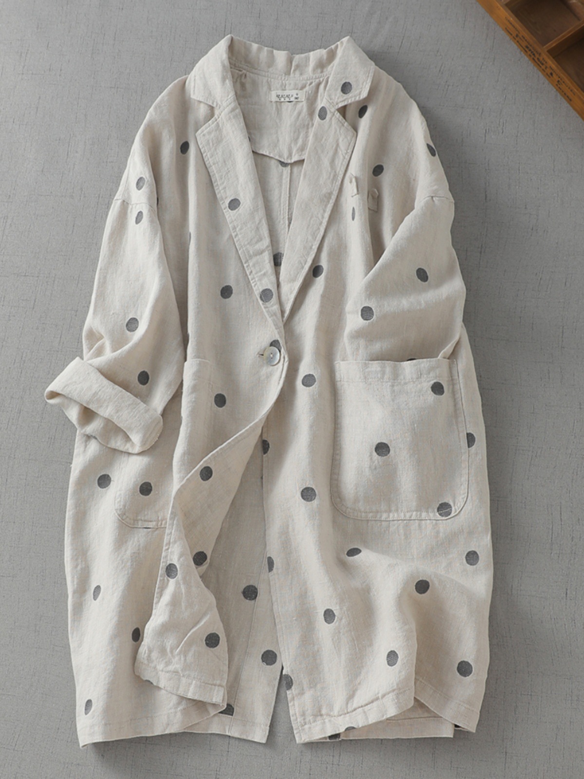 New Spring and Summer Retro Polka Dot Linen Suit Jacket Women's Mid-Length Cotton and Linen Loose Cardigan Thin Windbreaker