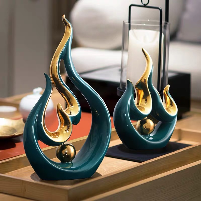 抽象簡約青花瓷陶瓷擺件輕奢綠金火焰玄關酒櫃裝飾品工藝品白瓷