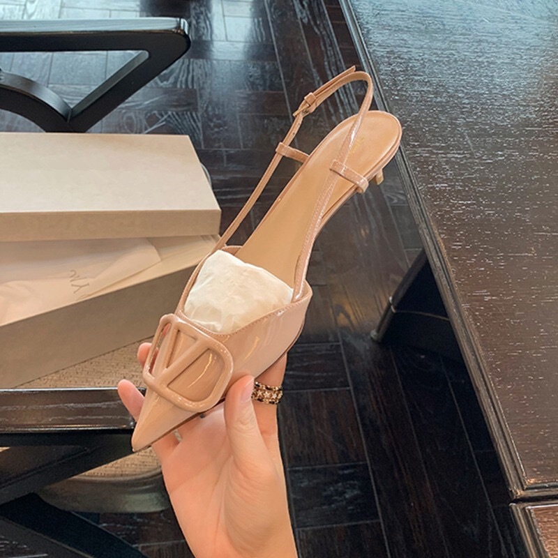 Sheepskin Version ~ French V Family Thin Heel Baotou Sandals Women's Summer New Genuine Leather Nude Color Rear Empty Pointed High Heel Shoes