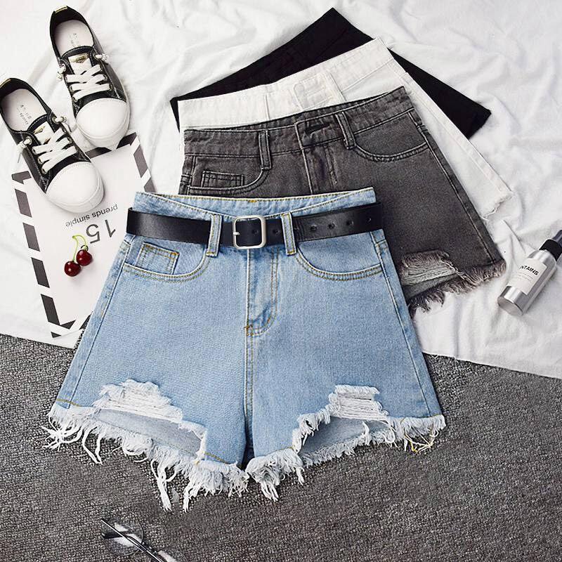 Ripped Denim Shorts Women's 2022 New Summer High Waist Spice Girl A- Line Large Size Chubby Girl Loose Rough Wide Leg Hot Pants