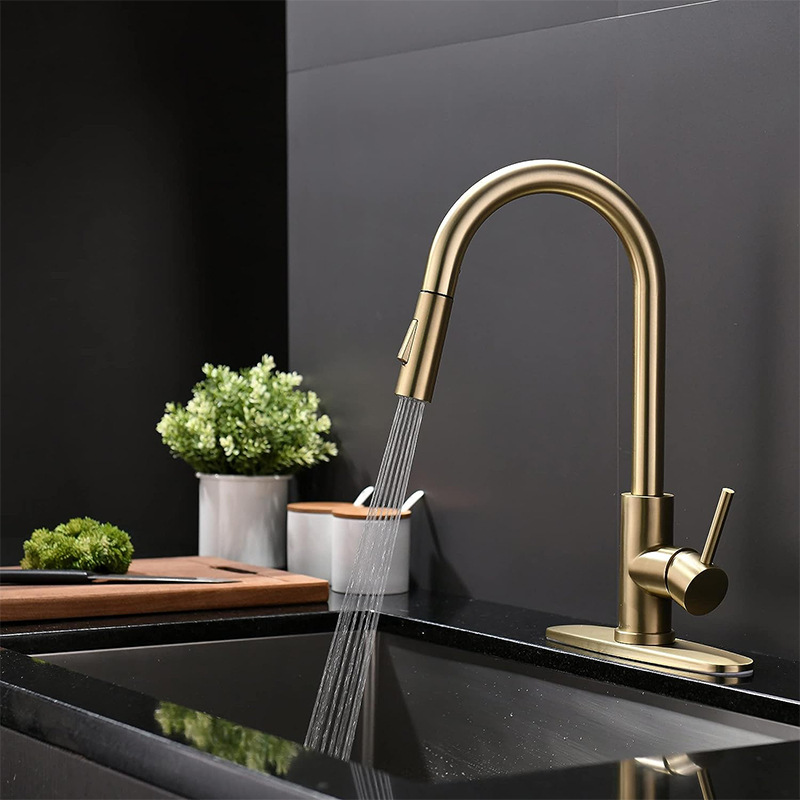 304 stainless steel kitchen pull-out faucet Golden electroplating brushed sink sink pull-out faucet 304 stainless steel kitchen pull-out faucet Golden electroplating brushed sink sink pull-out faucet