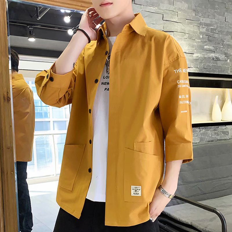 Men's Shirts with Three-Quarter Sleeves, Summer Loose Short-Sleeved Shirts, Hong Kong Style Japanese Style Shirts, Summer Thin Casual Jackets, Trendy