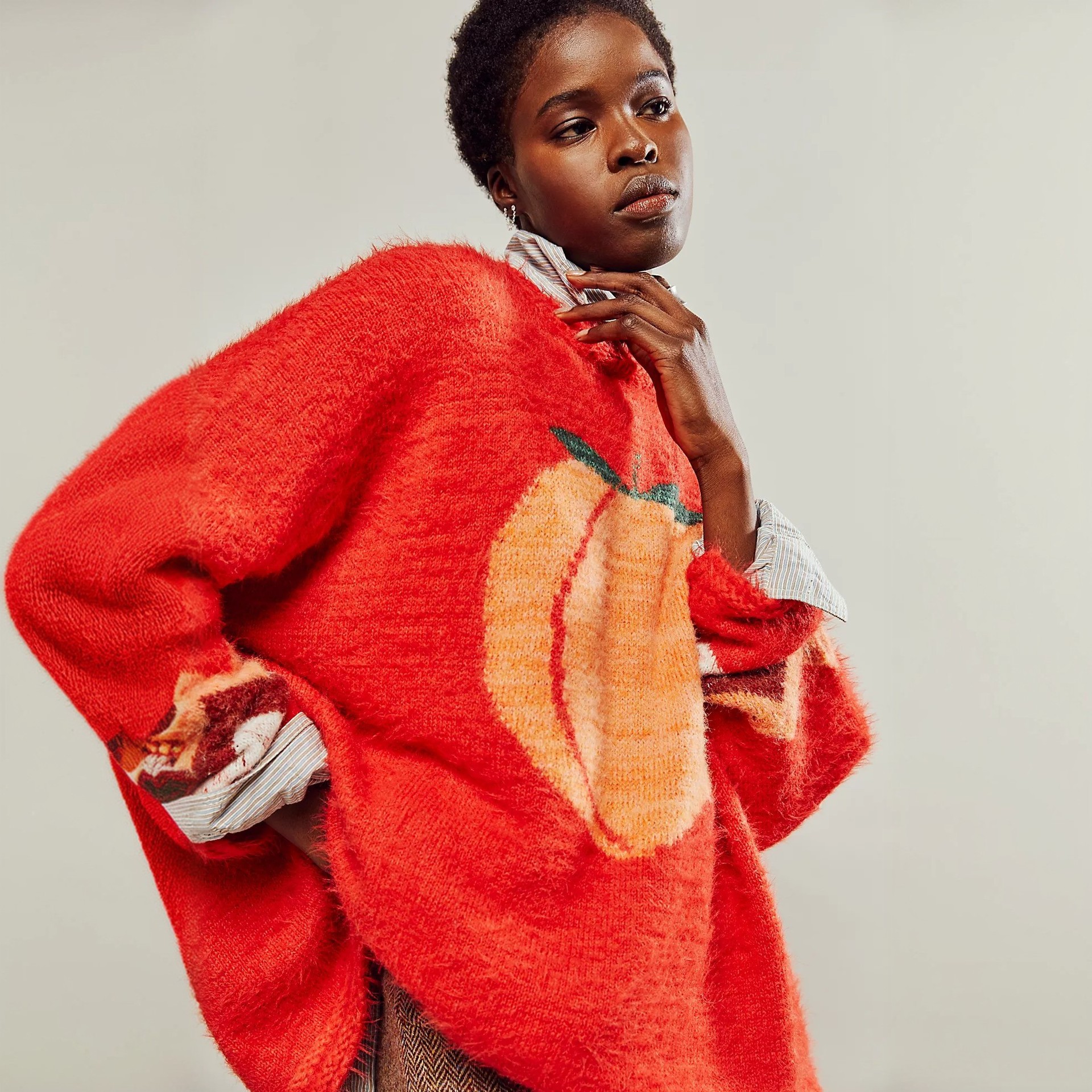 2025欧美跨境时尚冬季新款舒适软糯休闲宽松慵懒圆领印花针织毛衣