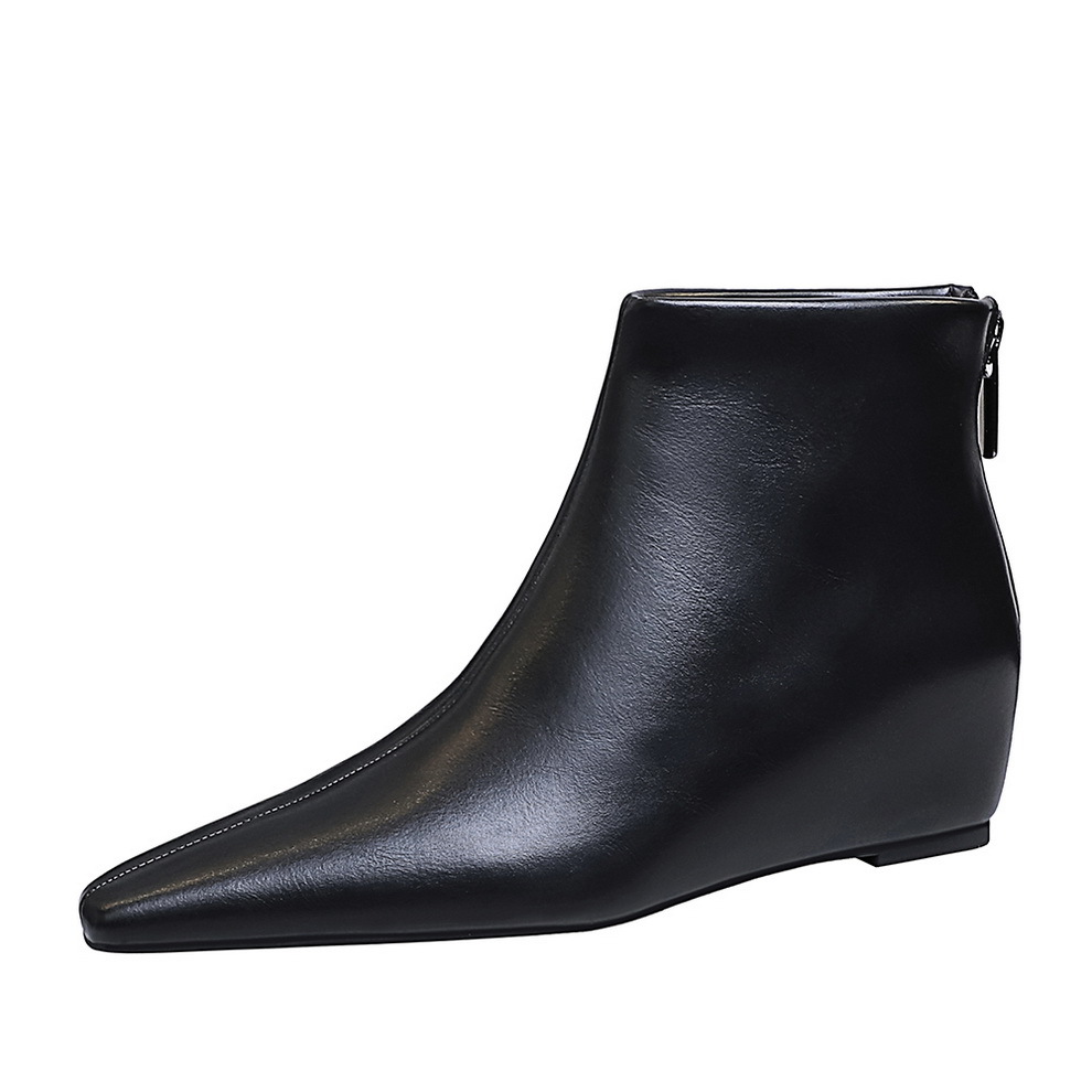 6632-8 Retro Simple Versatile Women's Boots with Slope Heel, Increased Height, Middle Heel, Tailored to Look Thinner, Short Boots and Bare Boots
