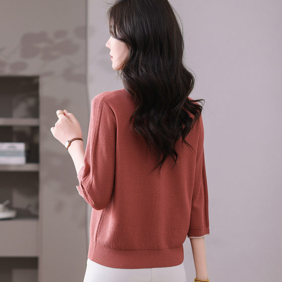 2025 Spring and Summer New Seven-point Sleeve T-shirt Ice Silk Top Women's Half-sleeve Flesh Covering Loose Slim Sweater T