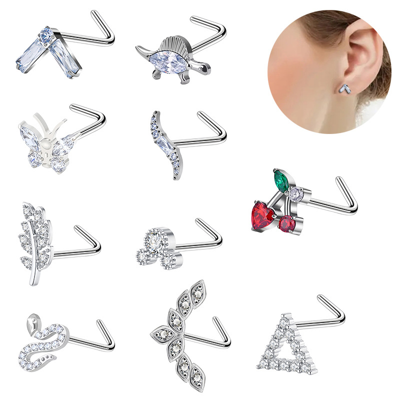 Nesepiercing i rustfritt stål med zirkon flere stiler_voghion.com
