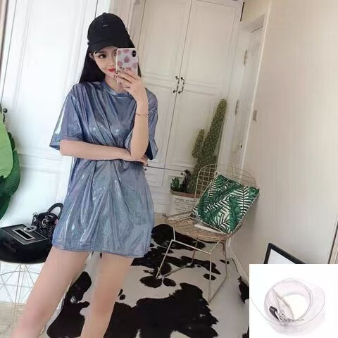 Korean Style Ultra-Popular Thin Base Shirt with Shiny Threads, Loose Short-Sleeve T-Shirt for Women, Trendy Plus-Size Mid-Length T-Shirt