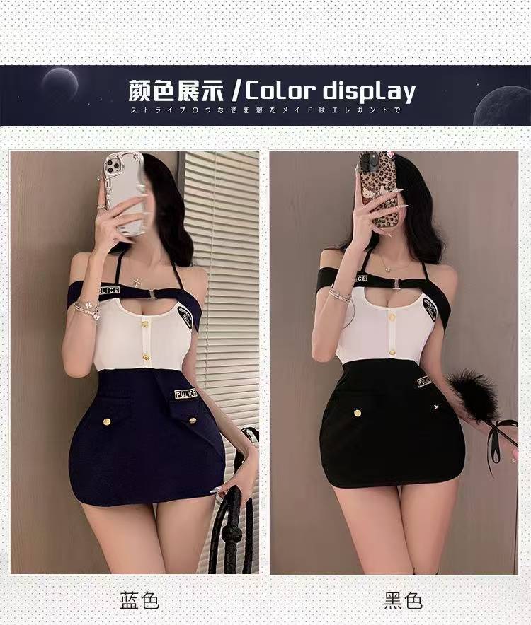 Policewoman Roleplay Costume Set with Hip-Covering Uniform Dress, Black One Size — detail image 4