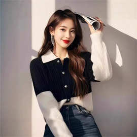 法式气质小香风撞色翻领针织毛衣2025冬季女装高级感长袖开衫上衣