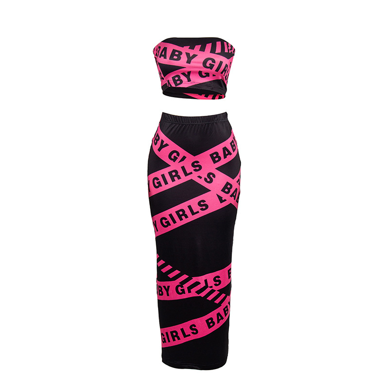 Spring Summer Sleeveless Letter Graphic Print Tube Top Long Skirt Women Set