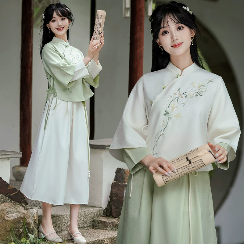 Осенний и зимний новый китайский стиль молодой национальный ветер пряжка Cheongsam набор из двух частей повседневной юной юбки национального стиля