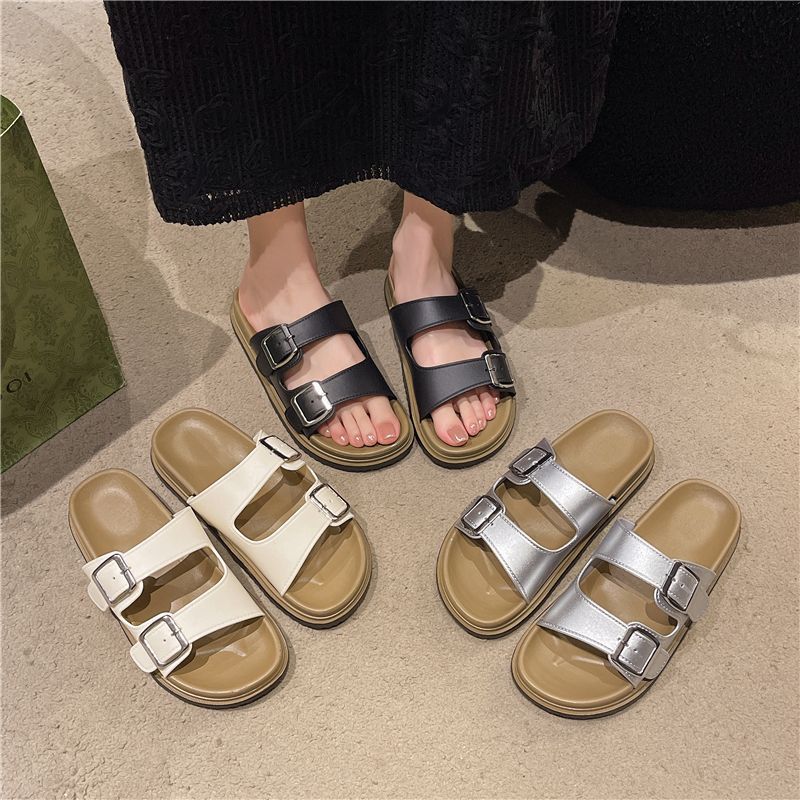 Zapatos Bocken mujeres 2025 verano nuevo tipo de ropa exterior antideslizante confortable playa de doble botón plano Bocken zapatillas