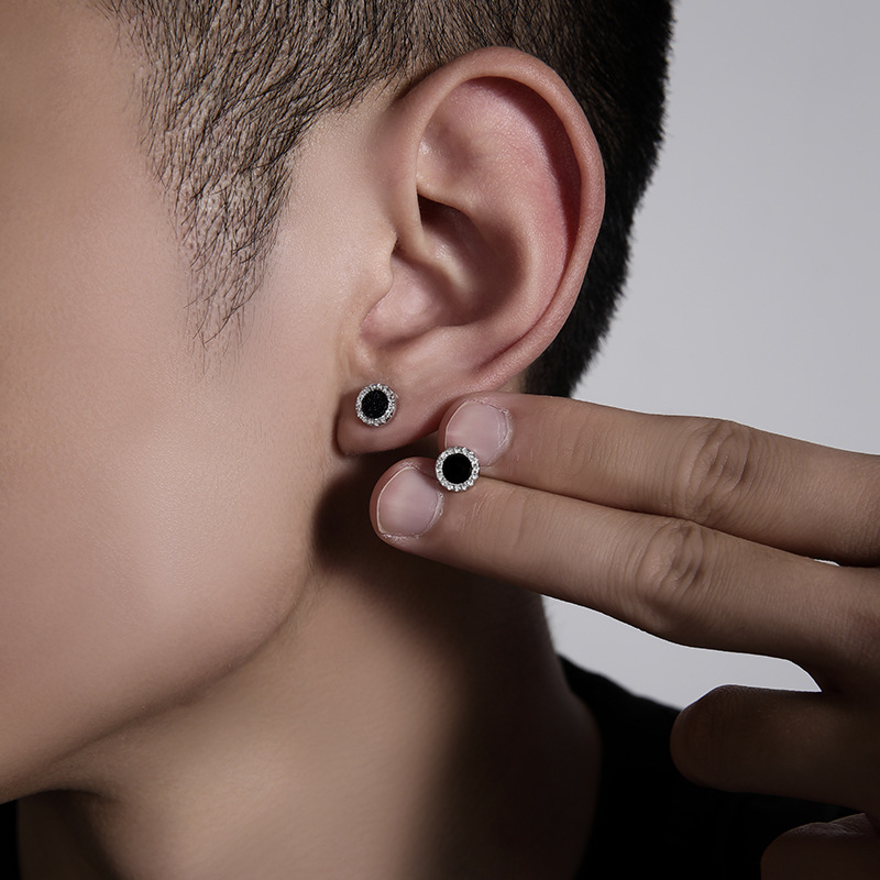 Sterling Silver Earrings Men's Black 2022 New Fashionable Single Earrings Women's Fashionable Personalized Men's Internet Celebrity Men's Earrings