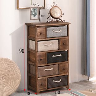 Simple Solid Wood Bedside Table, Simple Bedroom Bedside Table, Retro Storage Locker, Bucket Cabinet, Pastoral Rattan Locker