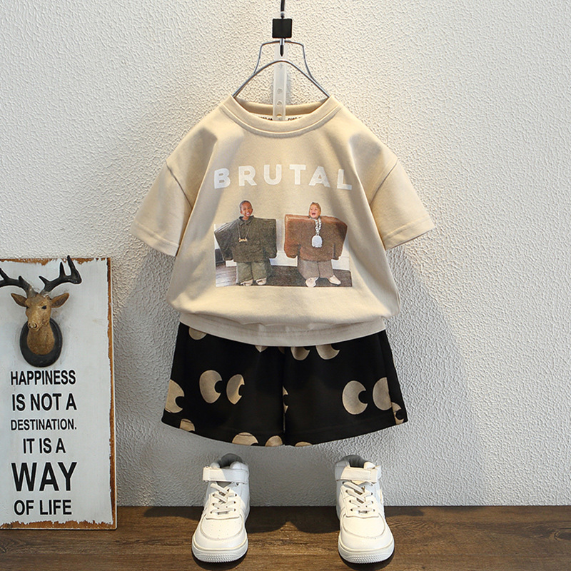 7931 Traje de manga corta para niños 2025 Nuevos productos de verano Niños y niñas Impresión de manga corta T Traje casual de dos piezas de moda para bebés