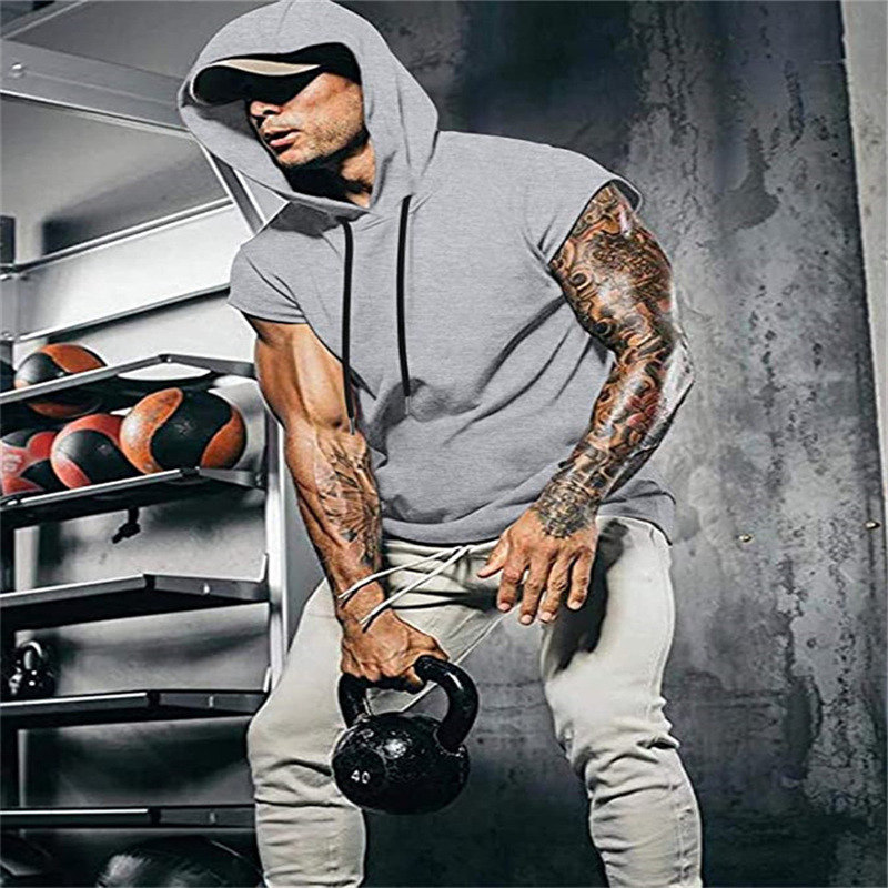 Men's Clothing outdoor sports men's hooded sleeveless fashion hip hop youth muscle fitness vest solid color jacket_voghion.com