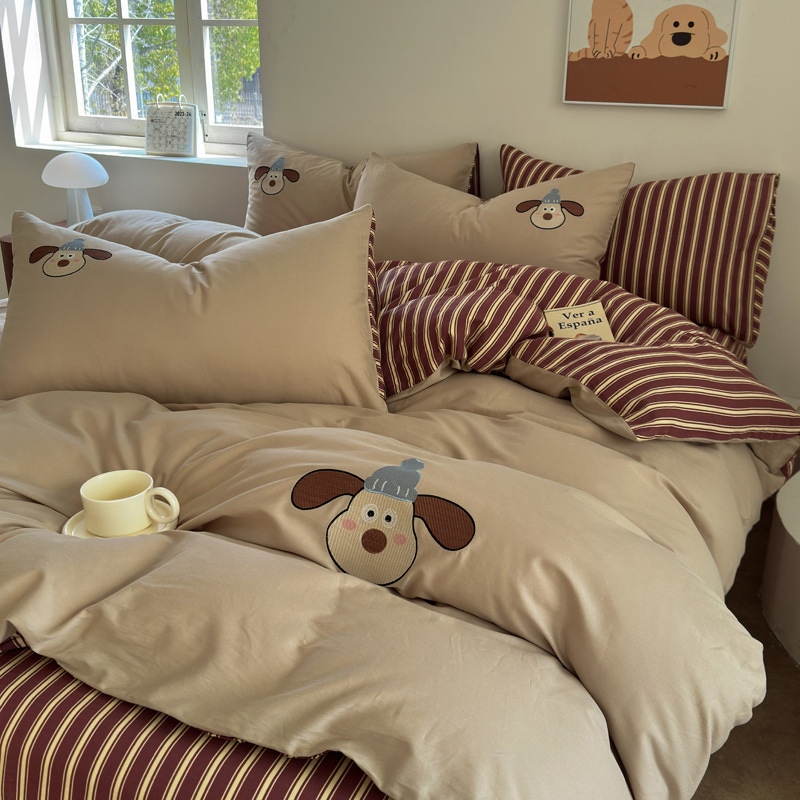 Class A Cotton Double-layer Yarn Four-piece Set Maternal and Infant Grade Children's Cartoon Embroidered Quilt Cover Bed Sheet Bed Cover Dormitory Three-piece Set