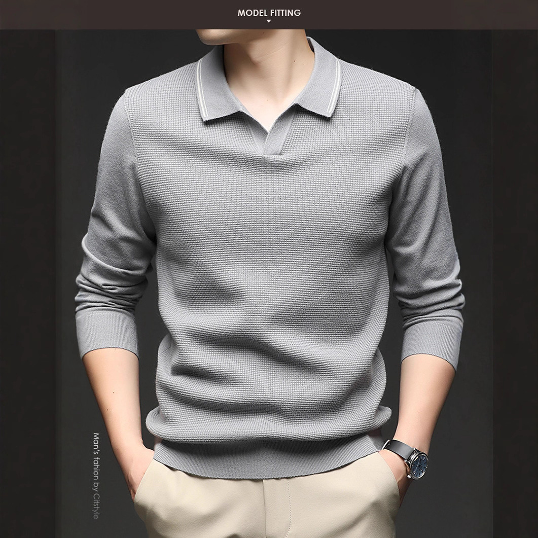 Camisas de punto de manga larga de tijeras de moda de hombre otoño y invierno con solapa simple chaqueta casual camiseta de base sólida suéter