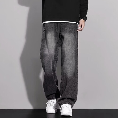 Water-washed retro denim jeans trendy for men spring and autumn season American cool stylish straight-leg loose wide-leg casual long pants for men