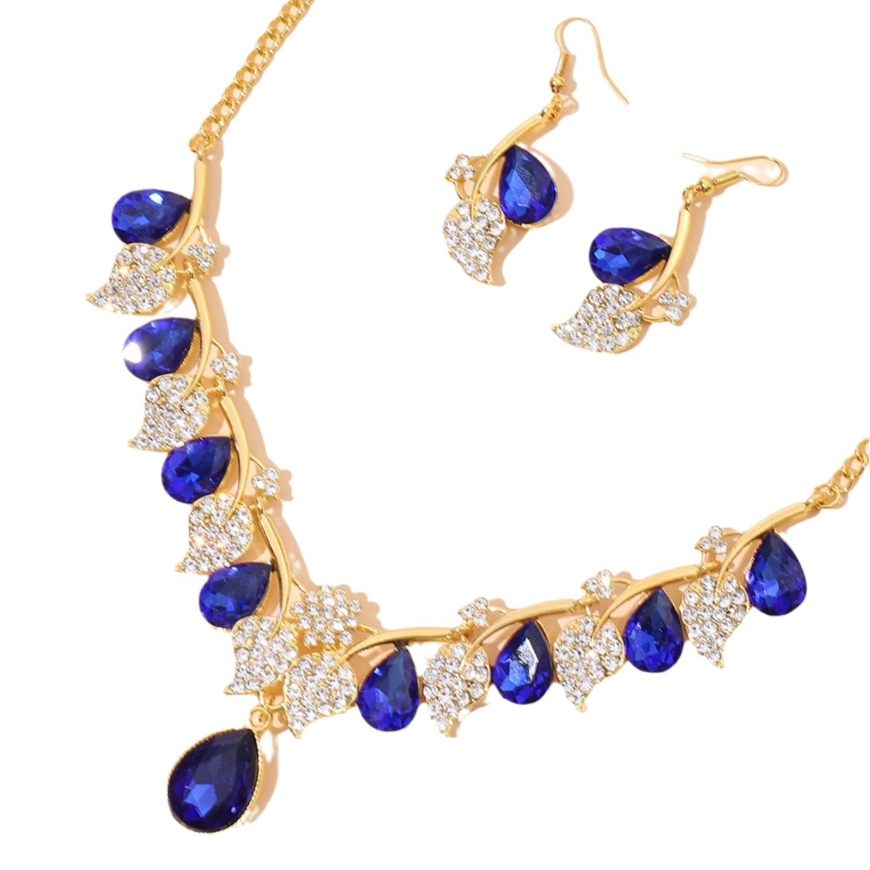 Nueva joyería traje europeo y americano moda gota de agua collar de hoja de diamante completo Cadena de clavícula pendientes de novia conjunto de dos piezas accesorios