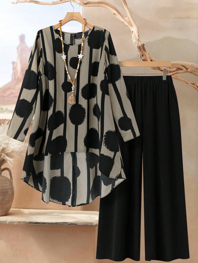 Women's Casual Printed Pant Set Loose-fitting Plus-size Outfit_voghion.com