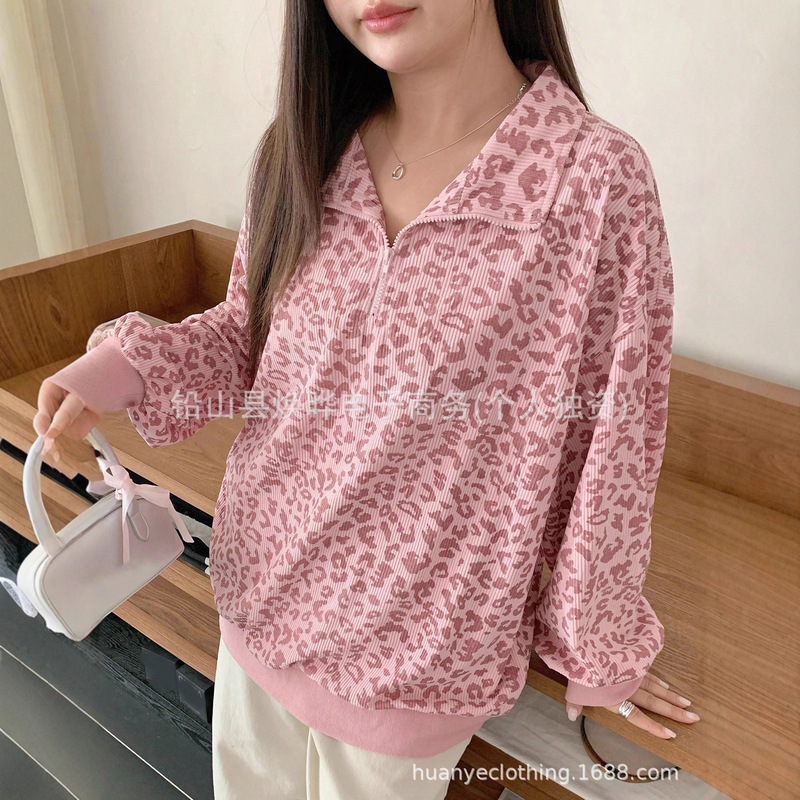 Cross-Border Amazon Independent Site European and American Popular Women's Casual Leopard Print Corduroy Zipper Poio Sweatshirt