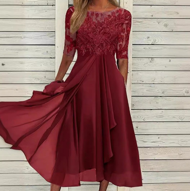 2025 estación europea transfronteriza vestido amazónico chiffon empalme encaje hueco vestido de dama de honor vestido de noche mujer