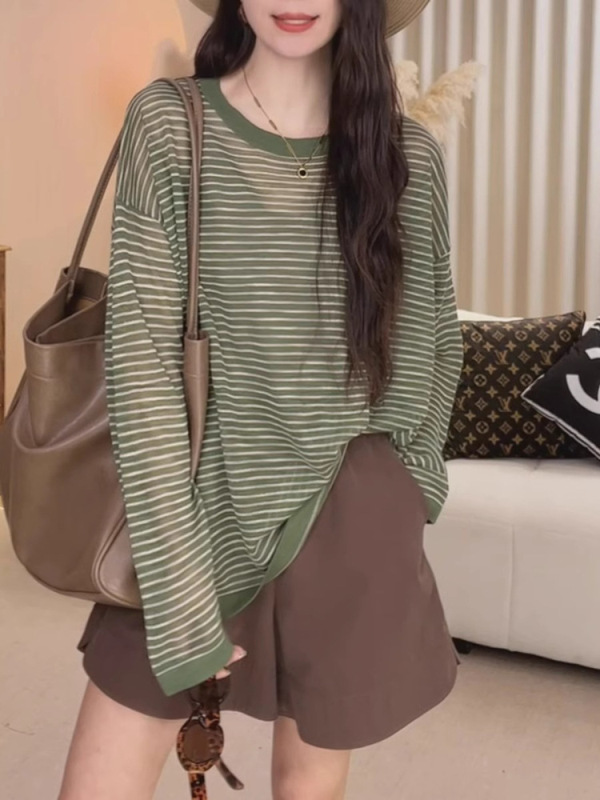 慵懒风蓝色条纹长袖t恤女夏季薄款宽松休闲冰丝防晒罩衫外搭上衣|undefined