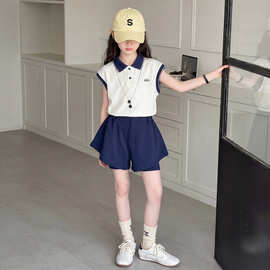 女童夏季运动套装2026新款儿童女学院风潮酷无袖polo衫短裤两件套