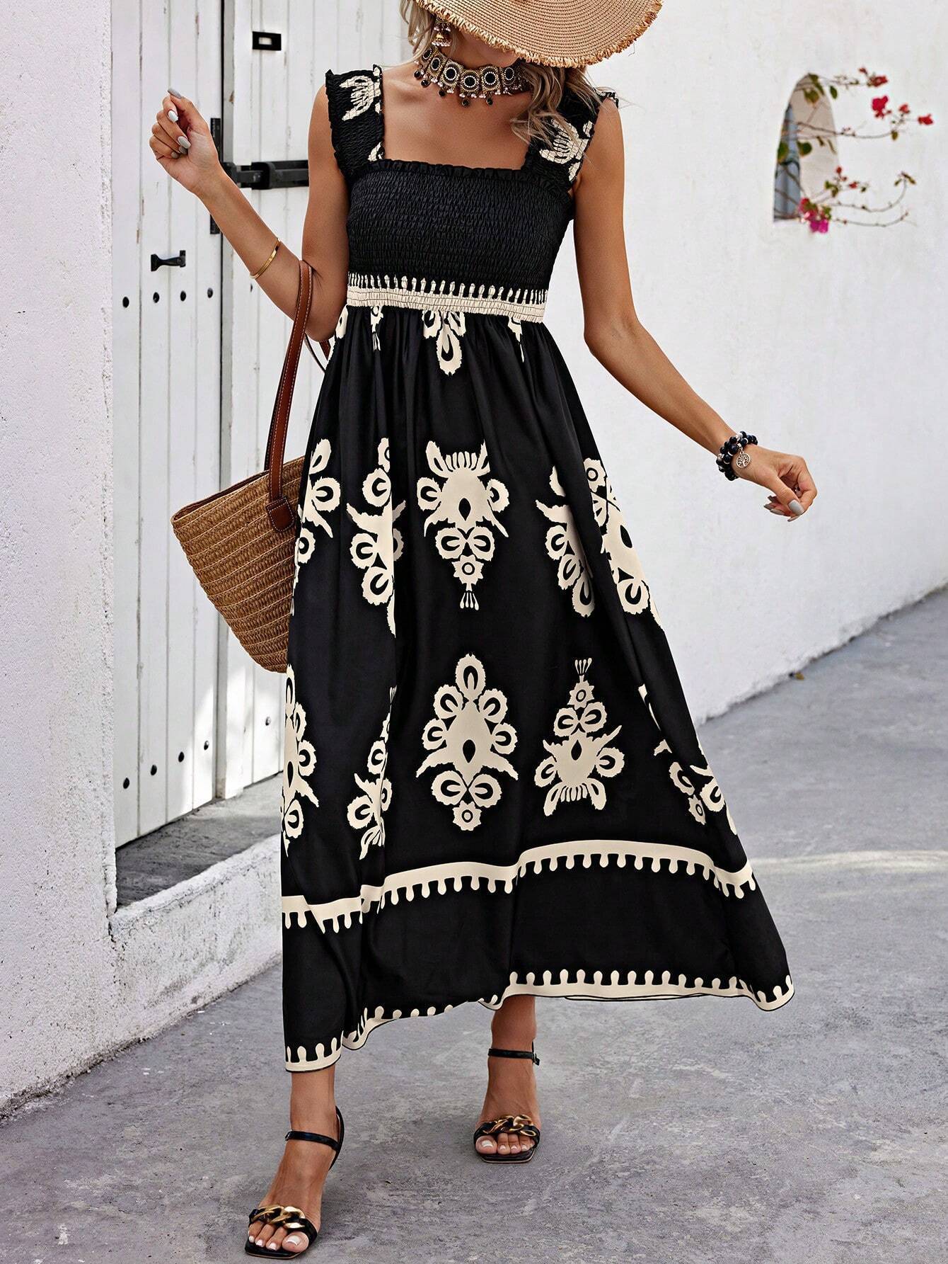 2024 Cross-Border European And American Fashion Hot-Selling Women's Beach Vacation Style Printed Strapless Dress_ecoleips.com