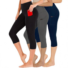 四针六线亚马逊爆款高腰提臀修身健身侧边口袋运动七分打底瑜伽裤