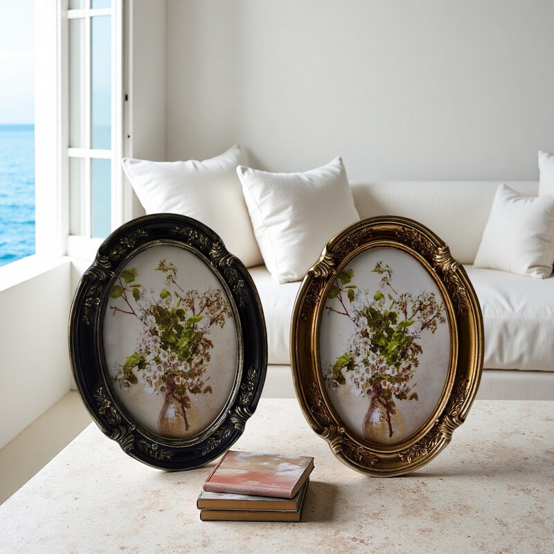 American-Style 6inch 7inch Oval Photo Frame Display Stand, European-Style High-End Creative Picture Frame, Vintage Distressed Palace-Style Carved Gift